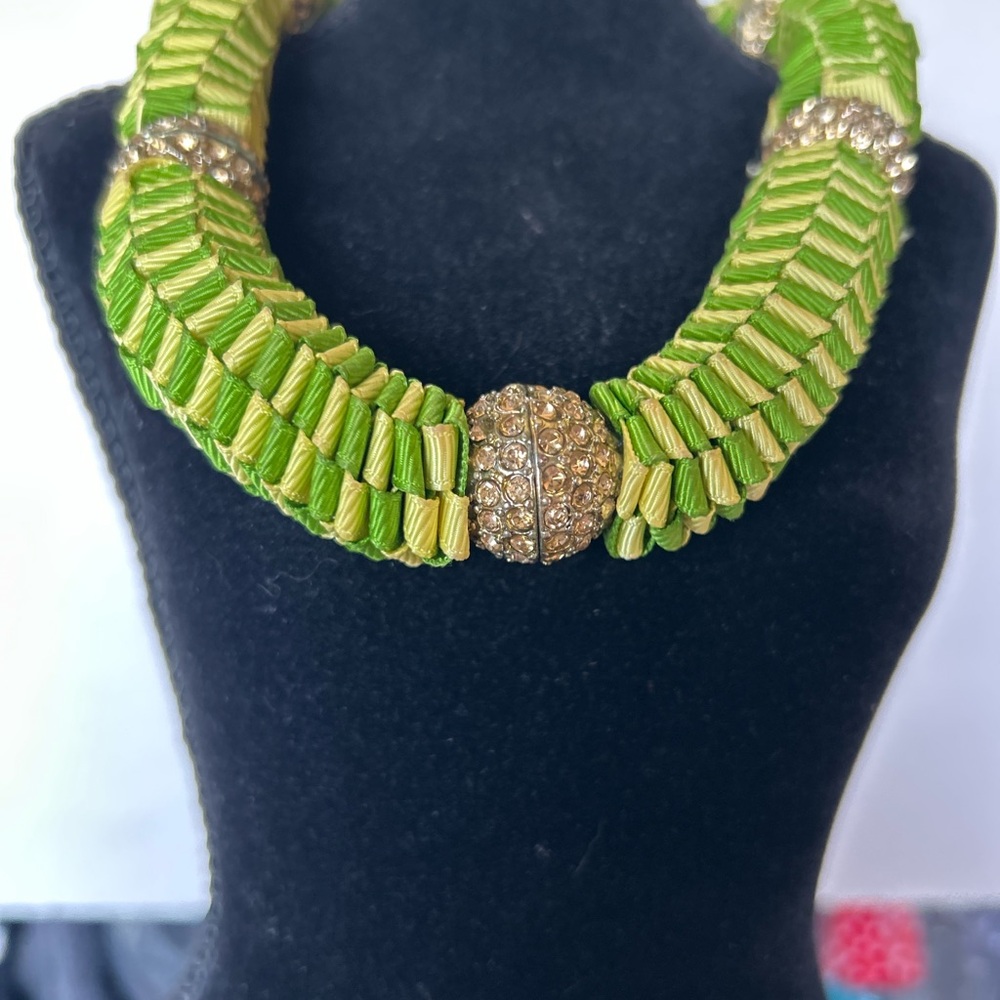 Elegant Green Yellow Gold Rhinestone Necklace Thick Chunky Statement - Picture 2 of 6